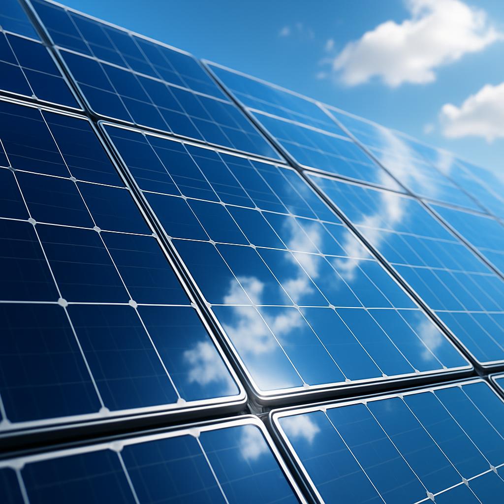 Close-up de painel solar refletindo o céu - Tecnologia de Painéis Solares
